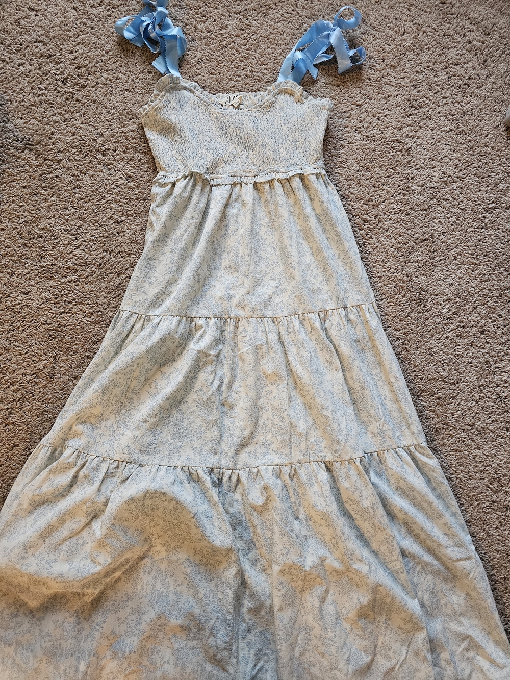 Blue Floral Tie-Shoulder Maxi Dress Empire Neck Line Tiered Maxi - Picture 3 of 6